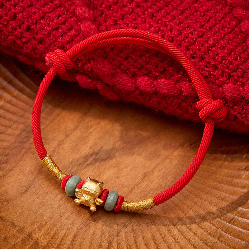 Buddha Stones Pulsera de cuentas de gato de la suerte tejida a mano con hilo rojo - Cuerda roja - image 0