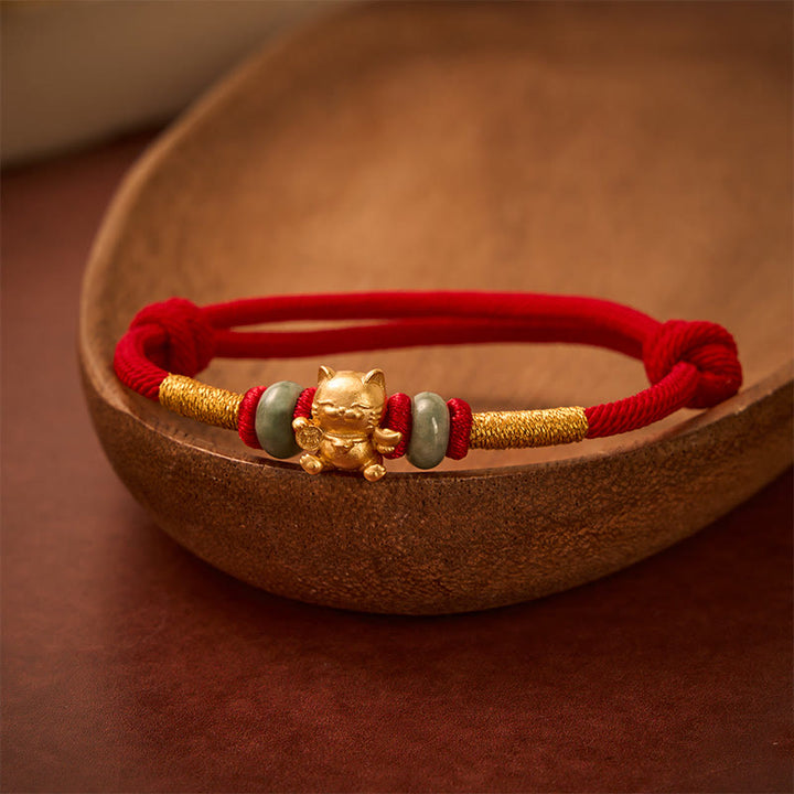 Buddha Stones Pulsera de cuentas de gato de la suerte tejida a mano con hilo rojo - image 3