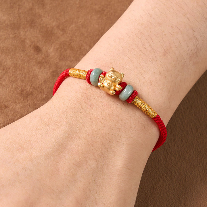 Buddha Stones Pulsera de cuentas de gato de la suerte tejida a mano con hilo rojo - image 8