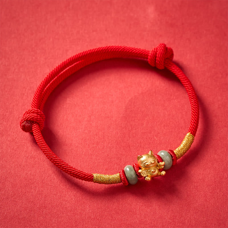 Buddha Stones Pulsera de cuentas de gato de la suerte tejida a mano con hilo rojo - image 4