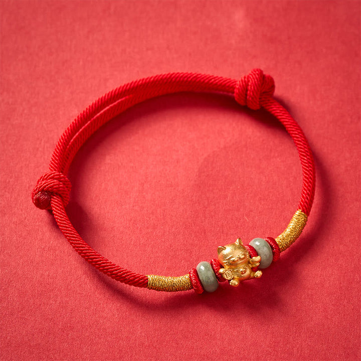 Buddha Stones Pulsera de cuentas de gato de la suerte tejida a mano con hilo rojo - image 4