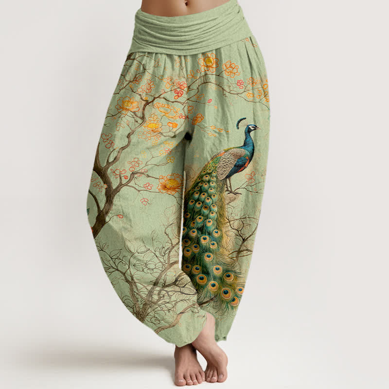 Buddha Stones Pantalones harem de algodón con estampado floral de pavo real y ramas para mujer, con cintura elástica. - Verde claro - US16，UK/AU20，EU48 (3XL) - image 5