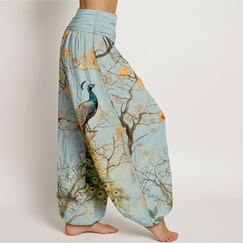 Buddha Stones Pantalones harem de algodón con estampado floral de pavo real y ramas para mujer, con cintura elástica. - image 9