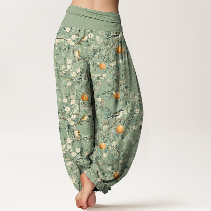 Buddha Stones Pantalones harem de cintura elástica para mujer con estampado de flores de naranjo y pájaros de algodón. - image 9