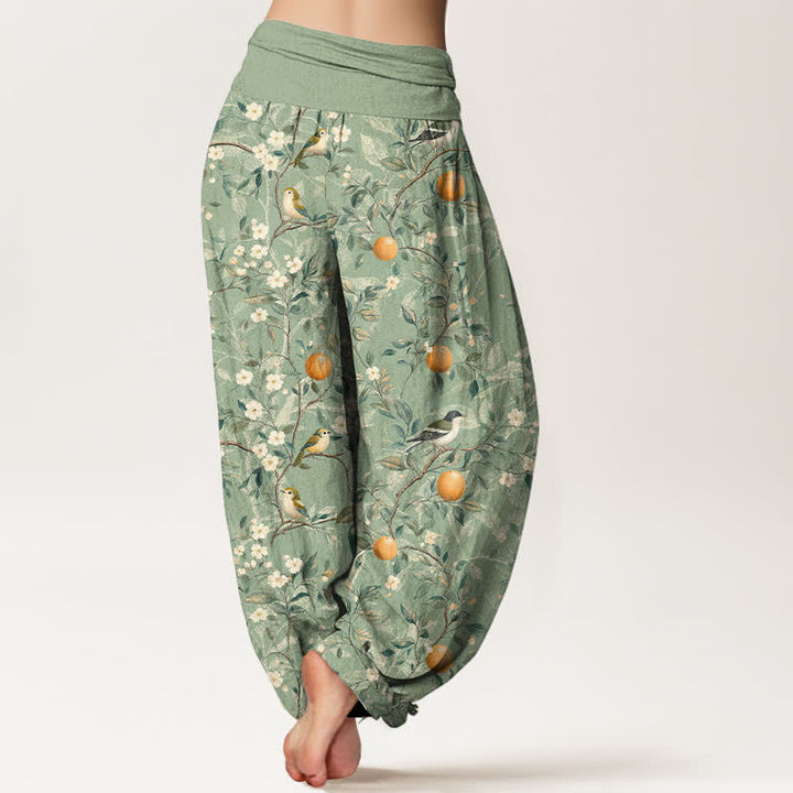 Buddha Stones Pantalones harem de cintura elástica para mujer con estampado de flores de naranjo y pájaros de algodón. - image 9