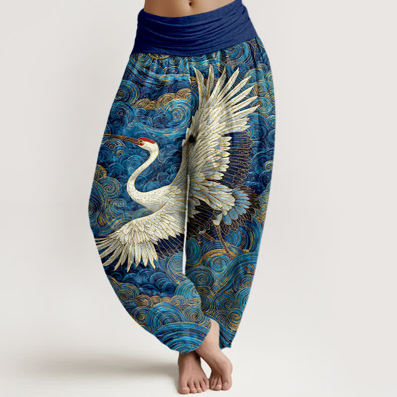Buddha Stones Pantalones harem de mujer con cintura elástica y estampado de grullas blancas de algodón. - Azul real - US16，UK/AU20，EU48 (3XL) - image 0