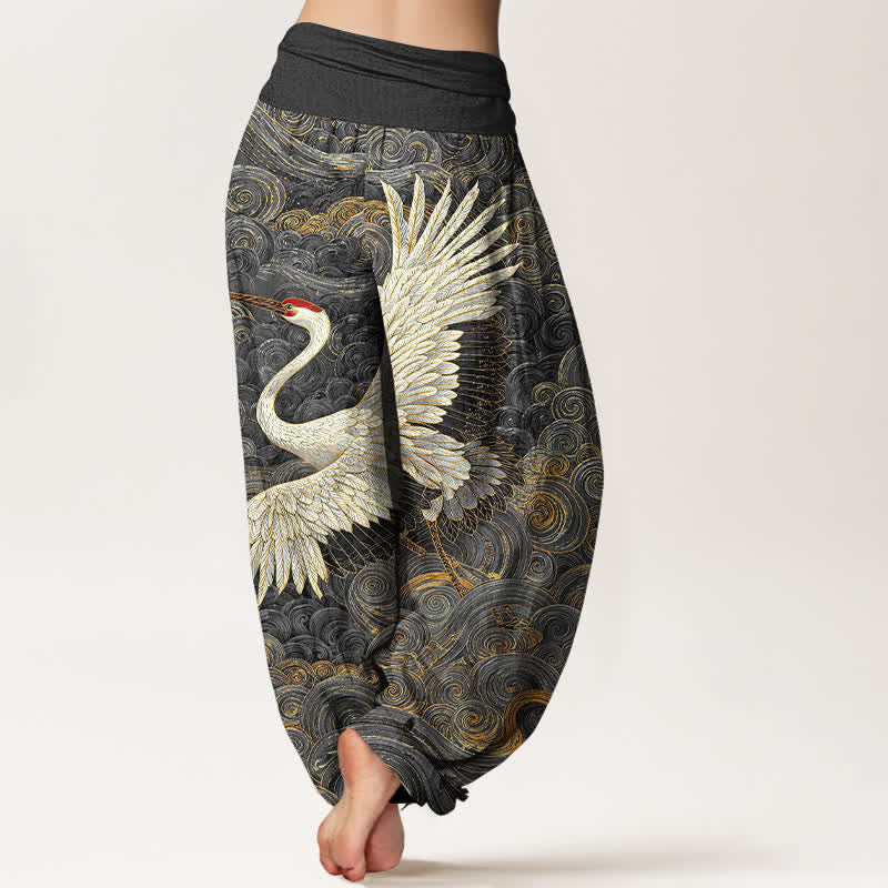 Buddha Stones Pantalones harem de mujer con cintura elástica y estampado de grullas blancas de algodón. - image 9