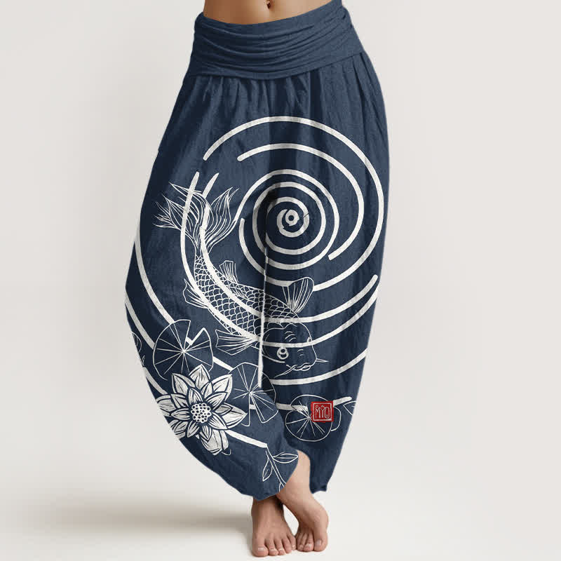 Buddha Stones Pantalones harem de algodón con estampado de peces koi y loto para mujer, con cintura elástica. - Marina de guerra - US16，UK/AU20，EU48 (3XL) - image 0