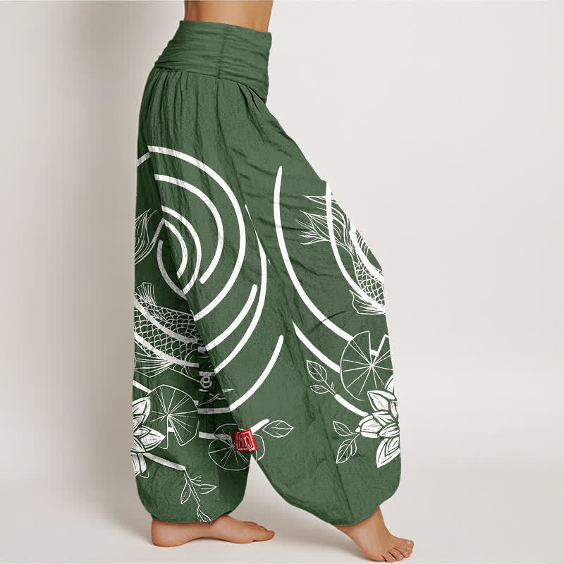 Buddha Stones Pantalones harem de algodón con estampado de peces koi y loto para mujer, con cintura elástica. - image 7