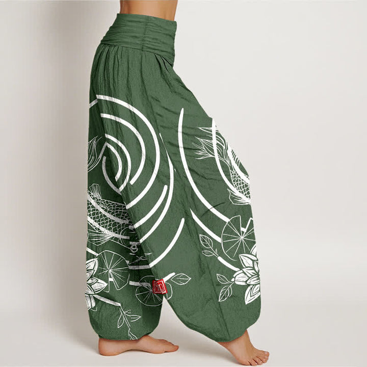 Buddha Stones Pantalones harem de algodón con estampado de peces koi y loto para mujer, con cintura elástica. - image 7
