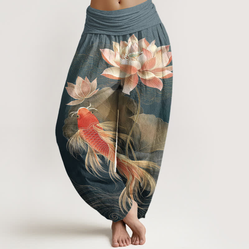 Buddha Stones Pantalones harem de algodón elegantes con estampado de peces koi dorados y loto para mujer con cintura elástica. - Verde azulado - US16，UK/AU20，EU48 (3XL) - image 0
