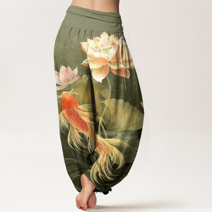 Buddha Stones Pantalones harem de algodón elegantes con estampado de peces koi dorados y loto para mujer con cintura elástica. - image 6