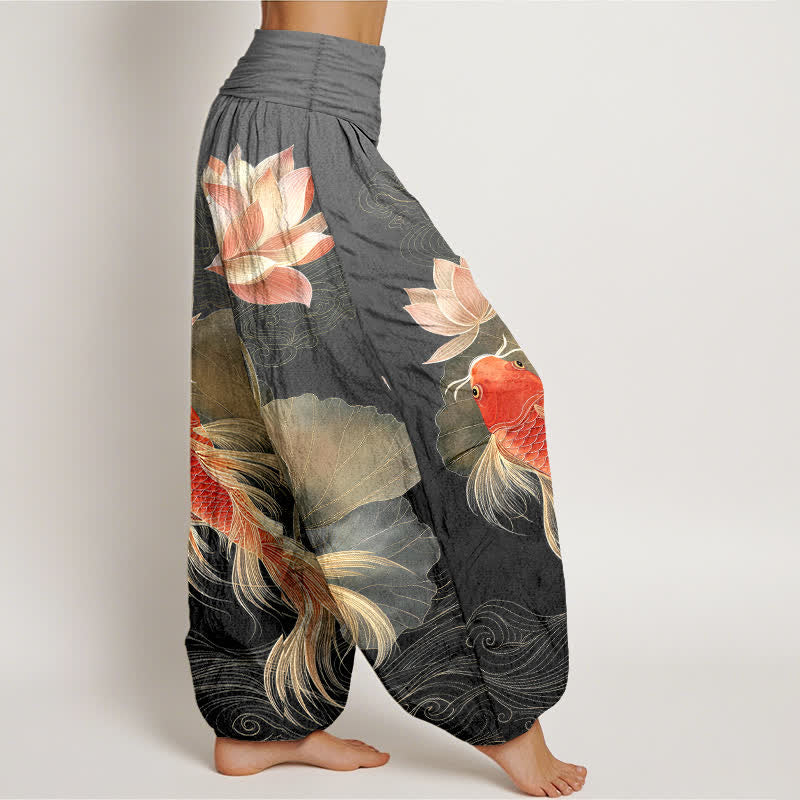 Buddha Stones Pantalones harem de algodón elegantes con estampado de peces koi dorados y loto para mujer con cintura elástica. - image 10