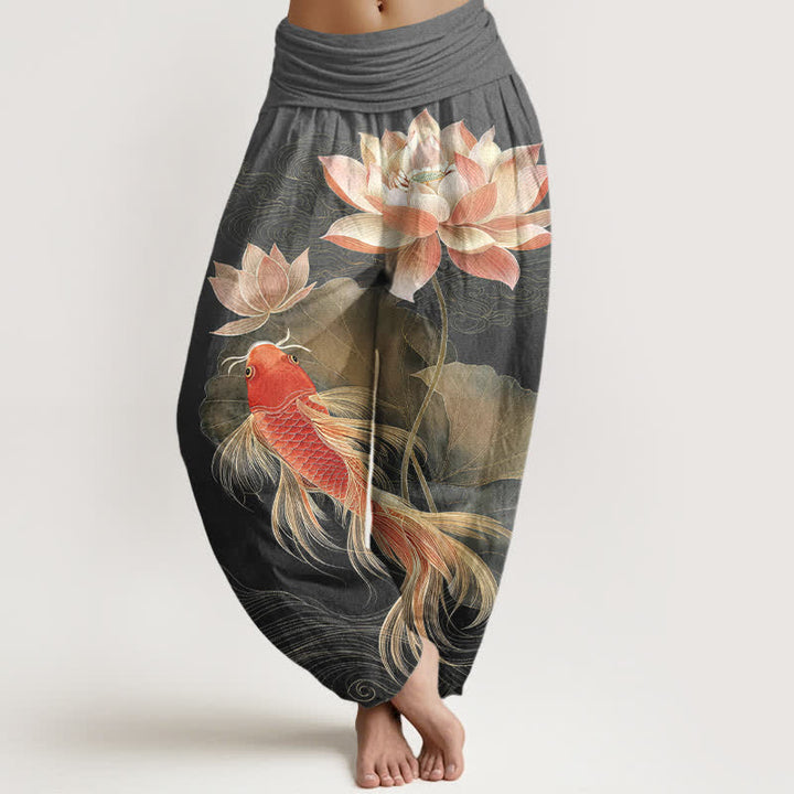 Buddha Stones Pantalones harem de algodón elegantes con estampado de peces koi dorados y loto para mujer con cintura elástica. - Gris oscuro - US16，UK/AU20，EU48 (3XL) - image 8