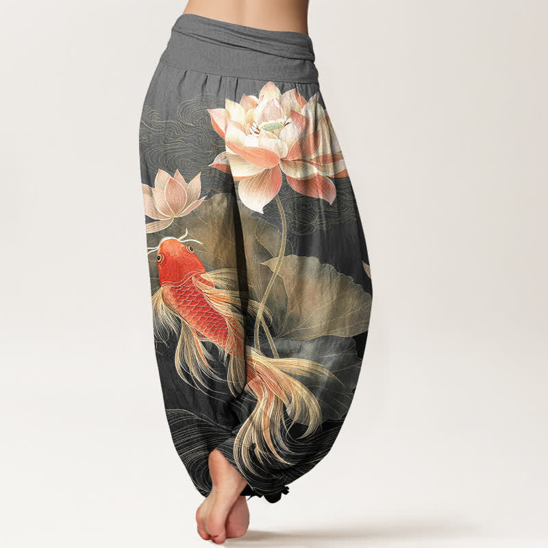Buddha Stones Pantalones harem de algodón elegantes con estampado de peces koi dorados y loto para mujer con cintura elástica. - image 9