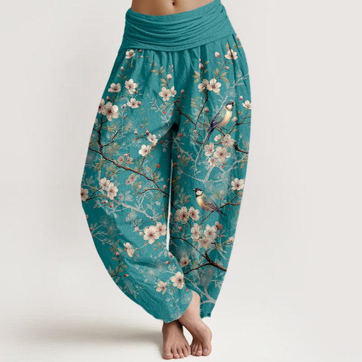 Buddha Stones Pantalones harem de cintura elástica para mujer con estampado de ramas de flores de algodón y pájaros. - Verde mar claro - US16，UK/AU20，EU48 (3XL) - image 0