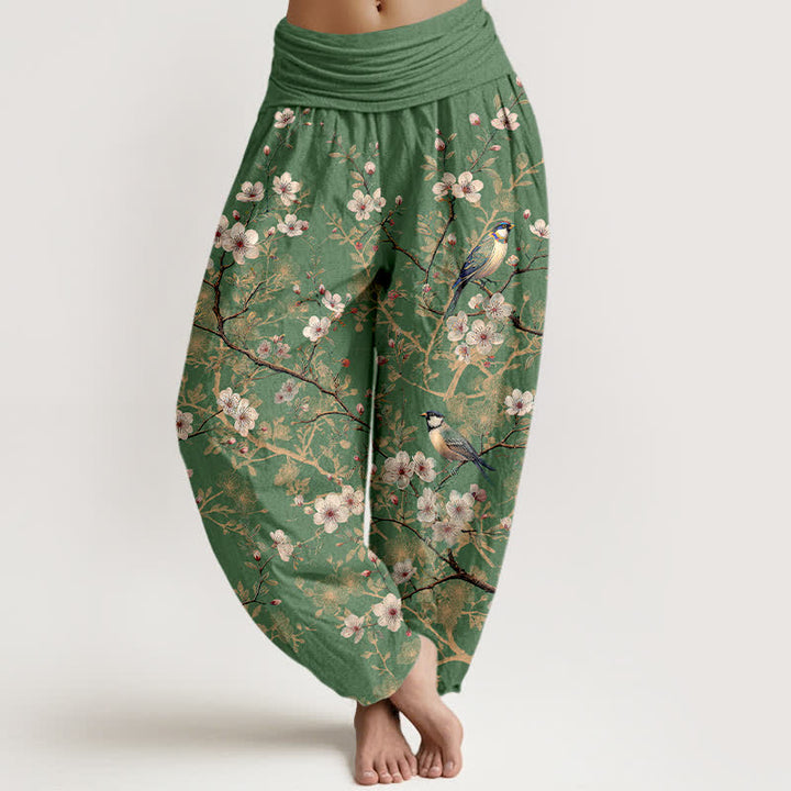 Buddha Stones Pantalones harem de cintura elástica para mujer con estampado de ramas de flores de algodón y pájaros. - Verde oliva - US16，UK/AU20，EU48 (3XL) - image 8