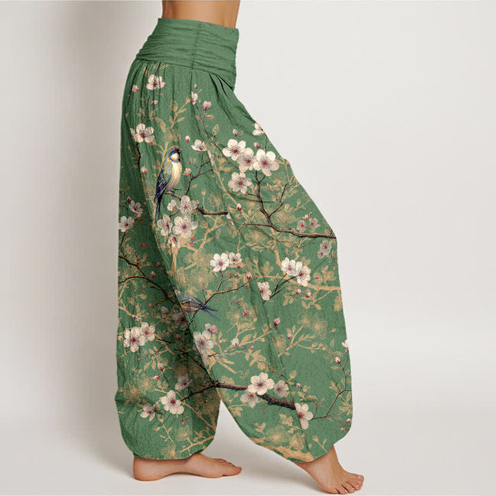 Buddha Stones Pantalones harem de cintura elástica para mujer con estampado de ramas de flores de algodón y pájaros. - image 10