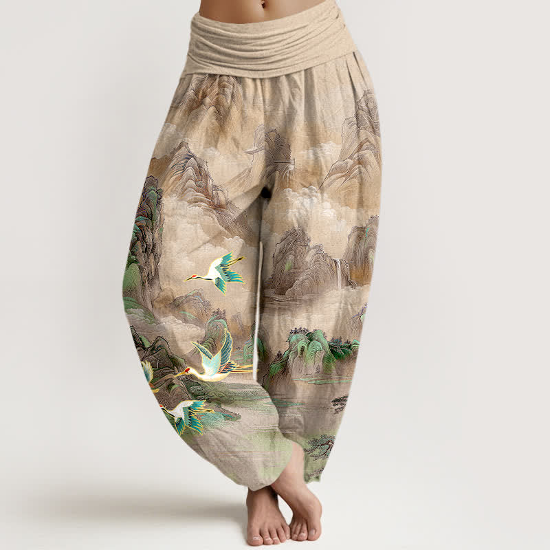 Buddha Stones Pantalones harem de algodón con estampado de paisaje oriental y grulla de corona roja para mujer, con cintura elástica. - Broncearse - US16，UK/AU20，EU48 (3XL) - image 5