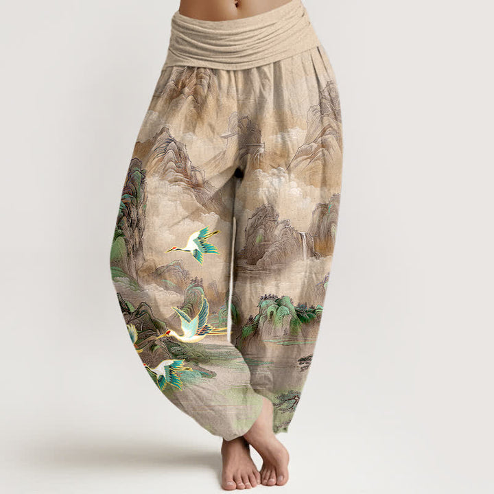 Buddha Stones Pantalones harem de algodón con estampado de paisaje oriental y grulla de corona roja para mujer, con cintura elástica. - Broncearse - US16，UK/AU20，EU48 (3XL) - image 5