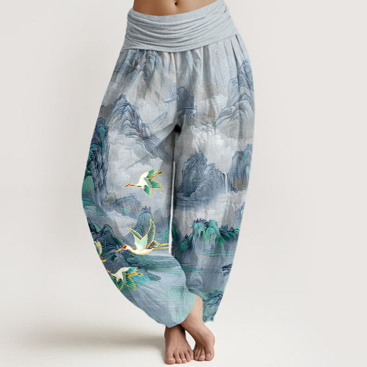 Buddha Stones Pantalones harem de algodón con estampado de paisaje oriental y grulla de corona roja para mujer, con cintura elástica. - Azul acero claro - US16，UK/AU20，EU48 (3XL) - image 8