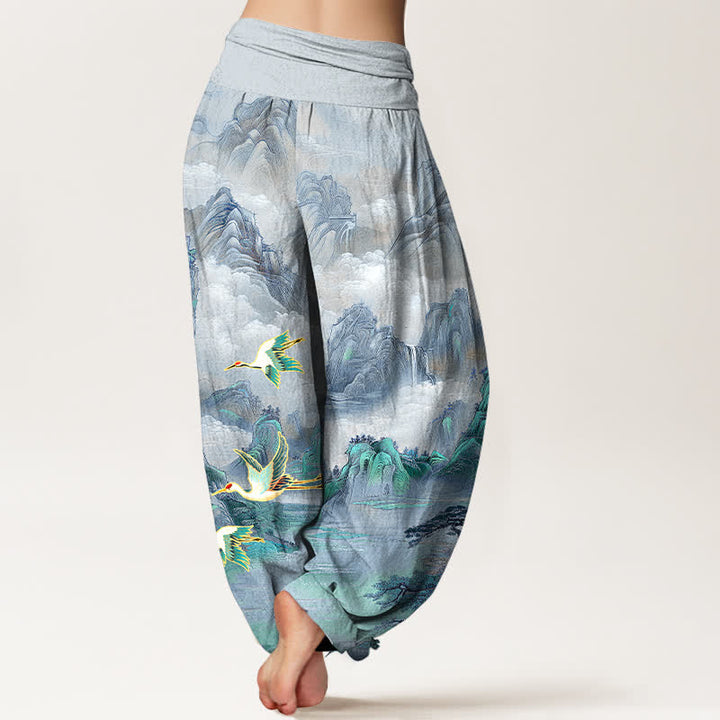 Buddha Stones Pantalones harem de algodón con estampado de paisaje oriental y grulla de corona roja para mujer, con cintura elástica. - image 9