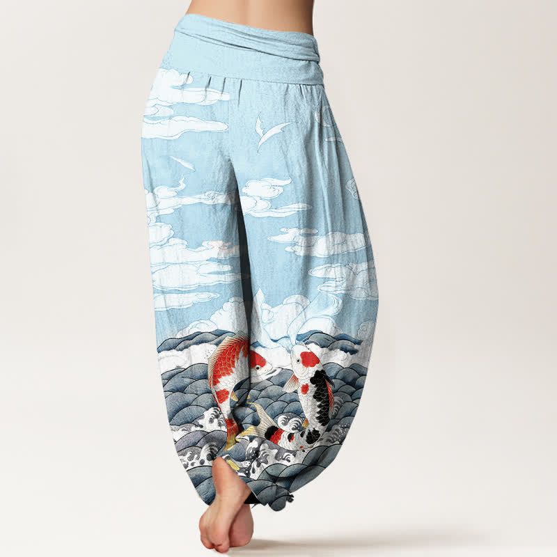 Buddha Stones Pantalones harem de algodón con estampado de peces koi, olas y nubes para mujer, con cintura elástica. - image 1