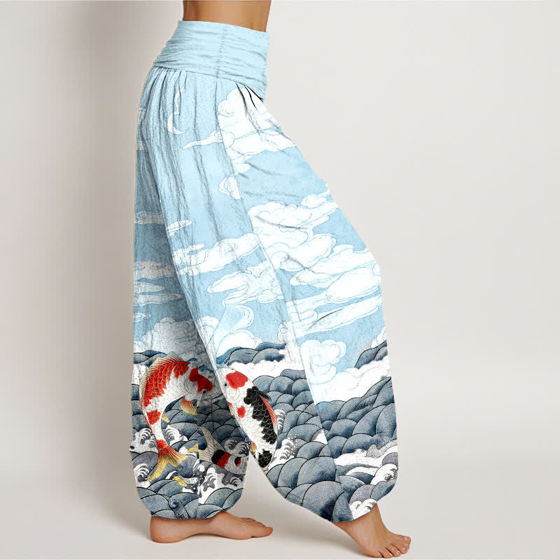 Buddha Stones Pantalones harem de algodón con estampado de peces koi, olas y nubes para mujer, con cintura elástica. - image 2