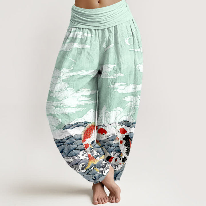 Buddha Stones Pantalones harem de algodón con estampado de peces koi, olas y nubes para mujer, con cintura elástica. - Aguamarina - US16，UK/AU20，EU48 (3XL) - image 5