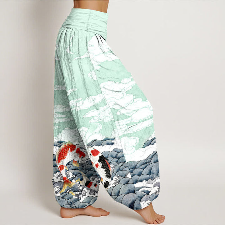 Buddha Stones Pantalones harem de algodón con estampado de peces koi, olas y nubes para mujer, con cintura elástica. - image 7