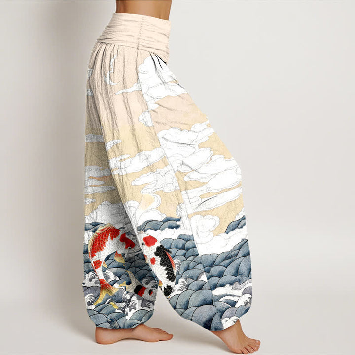 Buddha Stones Pantalones harem de algodón con estampado de peces koi, olas y nubes para mujer, con cintura elástica. - image 10