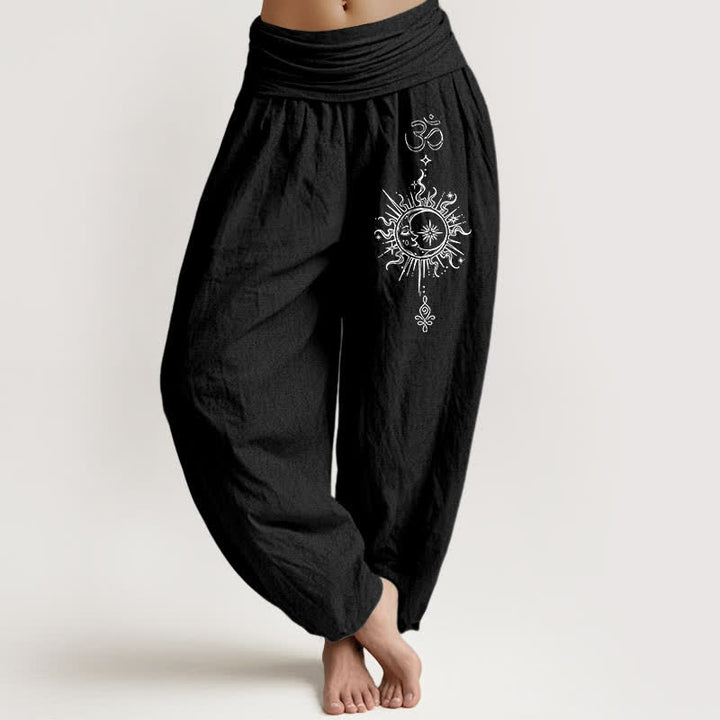 Buddha Stones Pantalones harem de mujer con cintura elástica y estampado mandala Om de algodón puro blanco para mujer - Negro - US16，UK/AU20，EU48 (3XL) - image 5