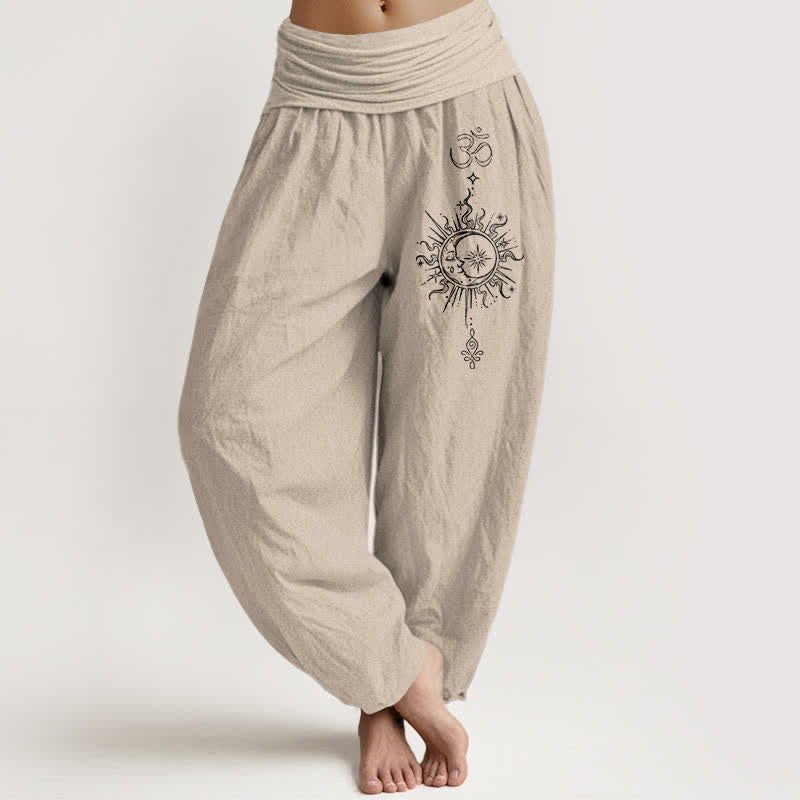 Buddha Stones Pantalones harem de mujer con cintura elástica y estampado mandala Om de algodón puro blanco para mujer - Broncearse - US16，UK/AU20，EU48 (3XL) - image 14