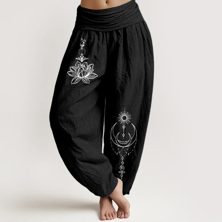 Buddha Stones Pantalones harem de algodón puro con estampado de loto, luna y sol para mujer, con cintura elástica. - Negro - US16，UK/AU20，EU48 (3XL) - image 0