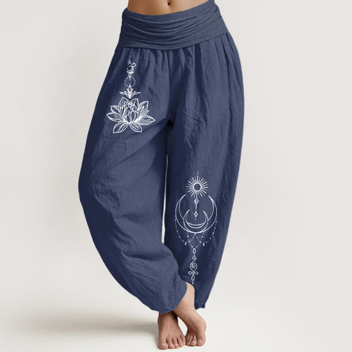 Buddha Stones Pantalones harem de algodón puro con estampado de loto, luna y sol para mujer, con cintura elástica. - Azul pizarra oscuro - US16，UK/AU20，EU48 (3XL) - image 5