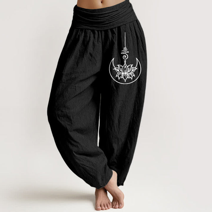 Buddha Stones Pantalones harem de mujer con cintura elástica y estampado de loto sagrado de algodón puro para mujer. - Negro - US16，UK/AU20，EU48 (3XL) - image 5