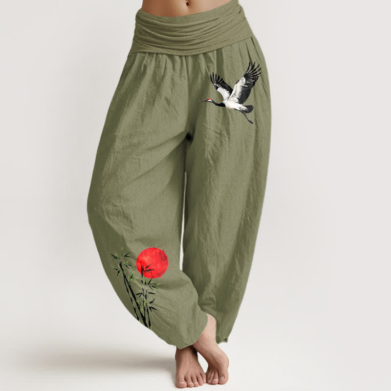 Buddha Stones Pantalones harem de mujer con cintura elástica y estampado de grulla voladora y sol rojo, de algodón puro. - Verde oliva - US16，UK/AU20，EU48 (3XL) - image 8