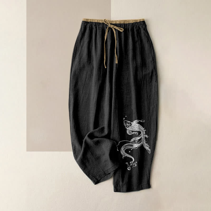 Buddha Stones Pantalones de mujer de algodón puro con estampado de peces koi blancos, cintura elástica y bolsillos. - Negro - US16，UK/AU20，EU48 (3XL) - image 4