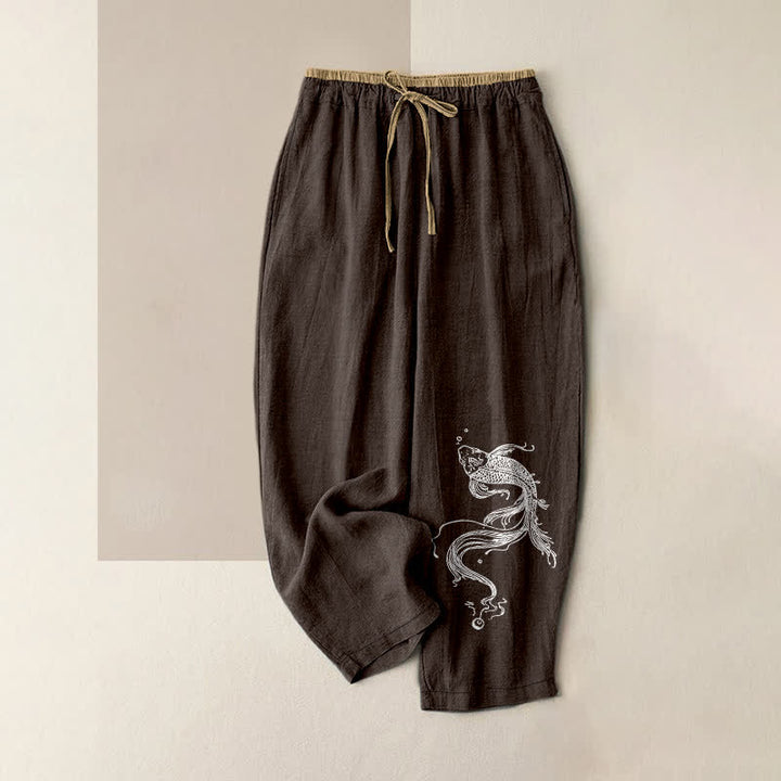 Buddha Stones Pantalones de mujer de algodón puro con estampado de peces koi blancos, cintura elástica y bolsillos. - Marrón silla de montar - US16，UK/AU20，EU48 (3XL) - image 5