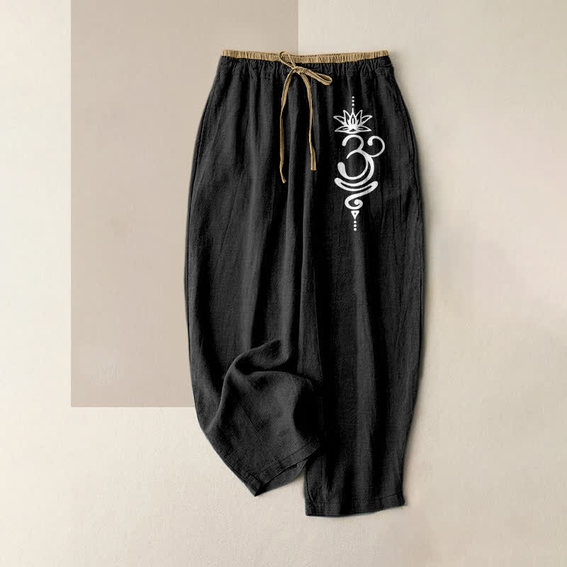 Buddha Stones Pantalones de mujer de algodón puro con estampado espiritual Om Lotus y cintura elástica con bolsillos. - Negro - US16，UK/AU20，EU48 (3XL) - image 0
