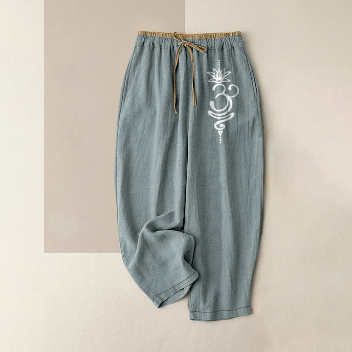 Buddha Stones Pantalones de mujer de algodón puro con estampado espiritual Om Lotus y cintura elástica con bolsillos. - Azul claro - US16，UK/AU20，EU48 (3XL) - image 5