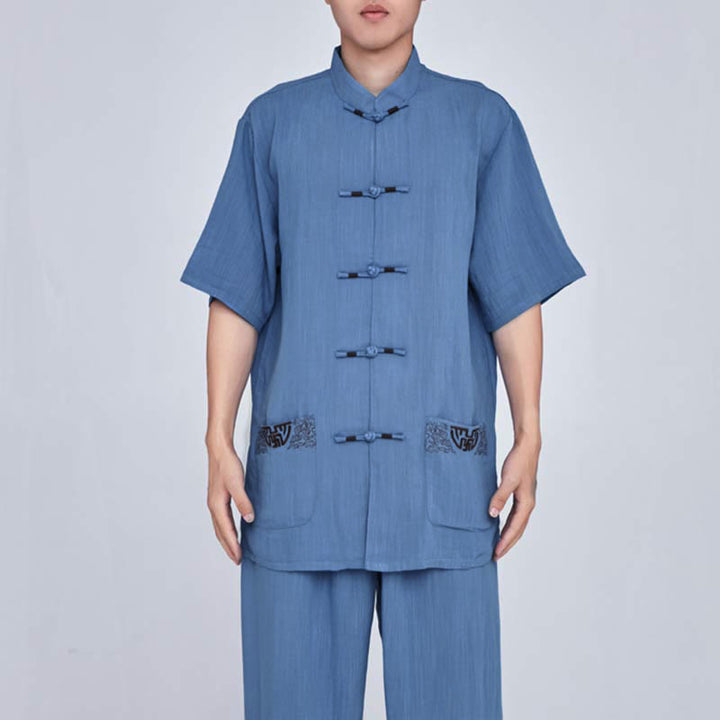 Conjunto de ropa unisex con bordado de Buddha Stones para meditación, oración zen, práctica espiritual de tai chi y qigong - Bordado azul de manga corta - US14, UK/AU18, EU46 (3XL) - image 26