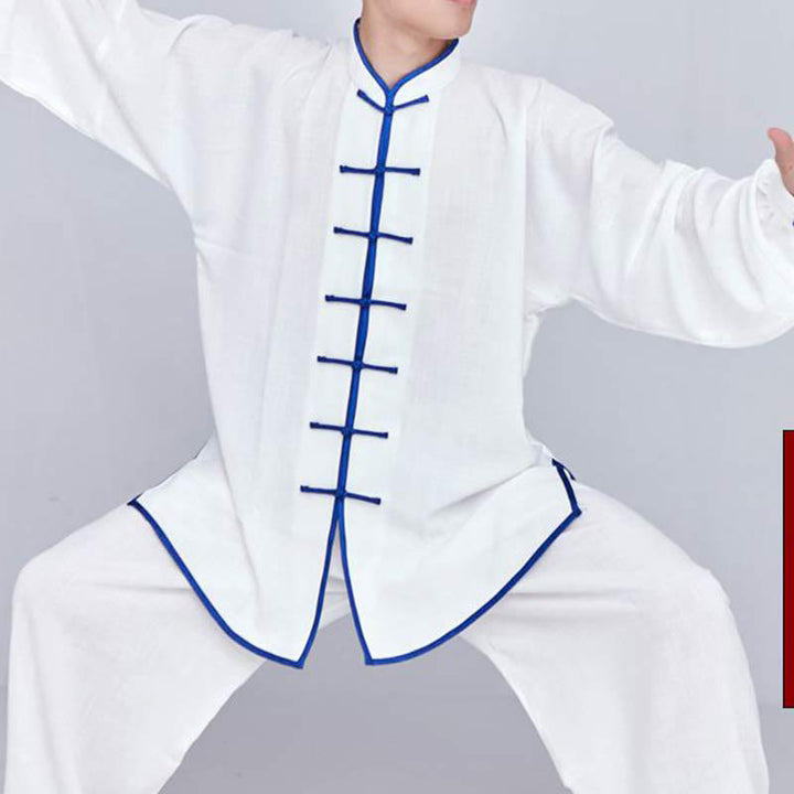 Conjunto de ropa unisex con bordado de Buddha Stones para meditación, oración zen, práctica espiritual de tai chi y qigong - Manga larga blanca con borde azul - US14, UK/AU18, EU46 (3XL) - image 7