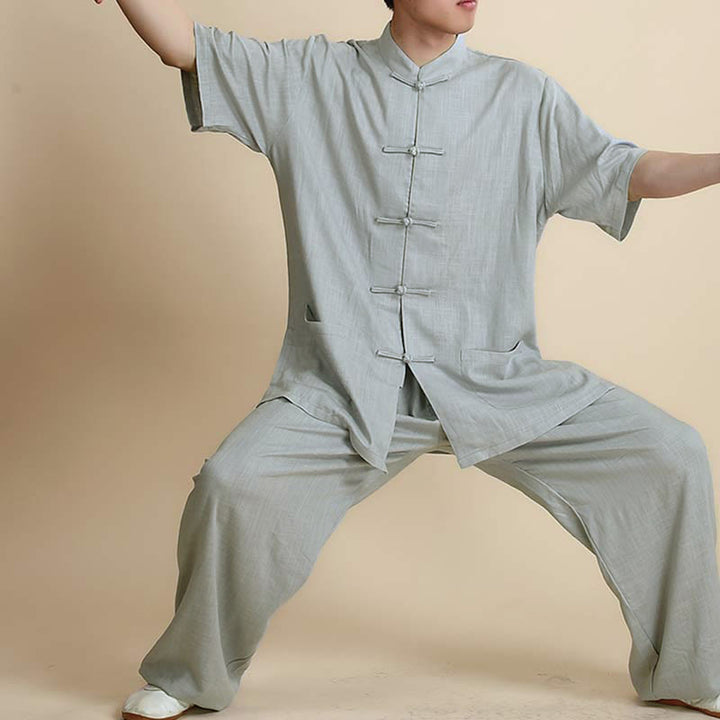 Conjunto de ropa unisex con bordado de Buddha Stones para meditación, oración zen, práctica espiritual de tai chi y qigong - Manga corta gris - US14, UK/AU18, EU46 (3XL) - image 24