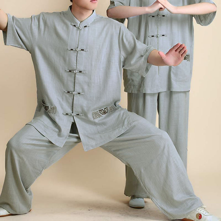 Conjunto de ropa unisex con bordado de Buddha Stones para meditación, oración zen, práctica espiritual de tai chi y qigong - Bordado gris de manga corta - US12, UK/AU16, EU44 (2XL) - image 23