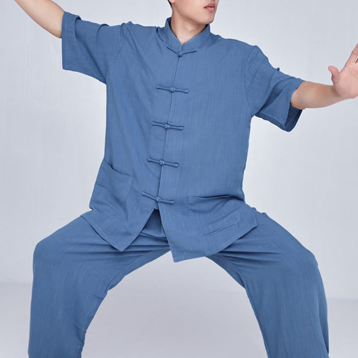 Conjunto de ropa unisex con bordado de Buddha Stones para meditación, oración zen, práctica espiritual de tai chi y qigong - Manga corta azul - US14, UK/AU18, EU46 (3XL) - image 28