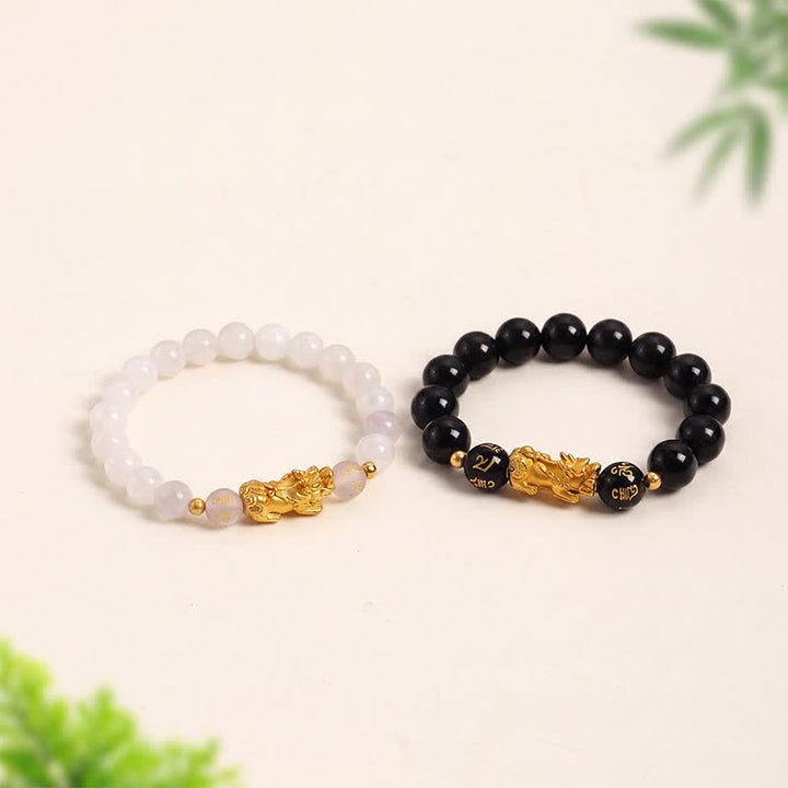 Buddha Stones Pulsera de purificación de calcedonia y obsidiana negra Pi Xiu Om Mani Padme Hum - image 11