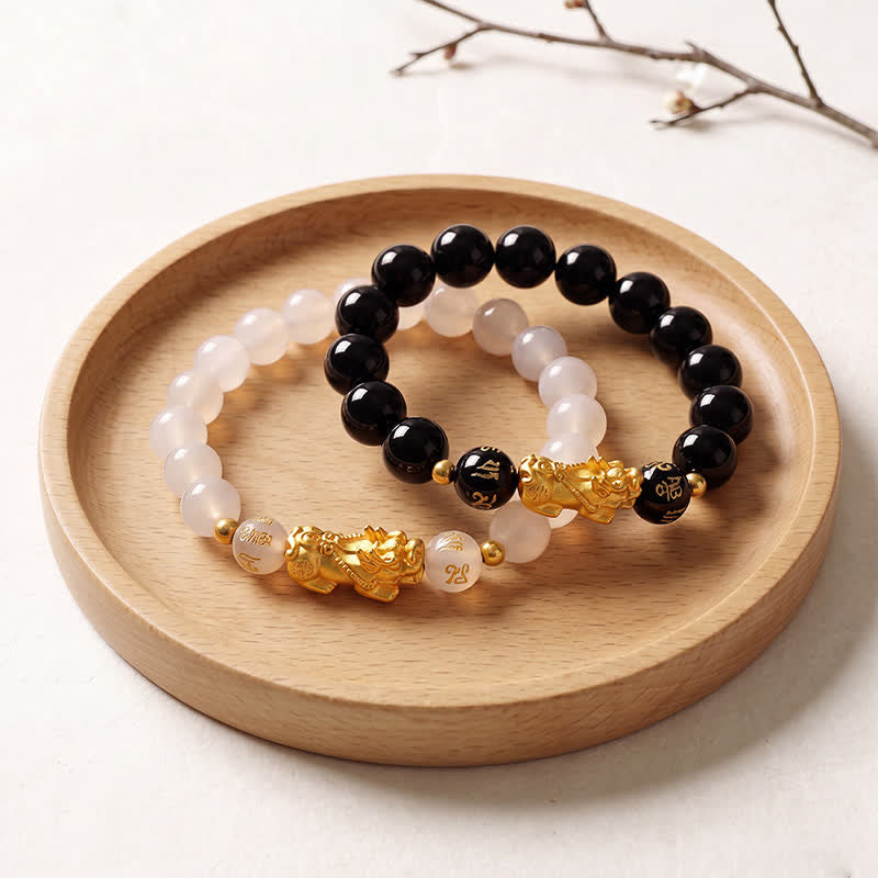 Buddha Stones Pulsera de purificación de calcedonia y obsidiana negra Pi Xiu Om Mani Padme Hum - image 12