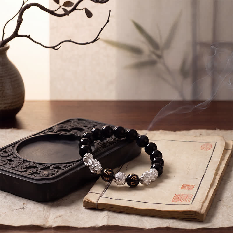 Buddha Stones Pulsera de sabiduría de cobre y obsidiana negra con doble Pi Xiu Om Mani Padme Hum - image 12