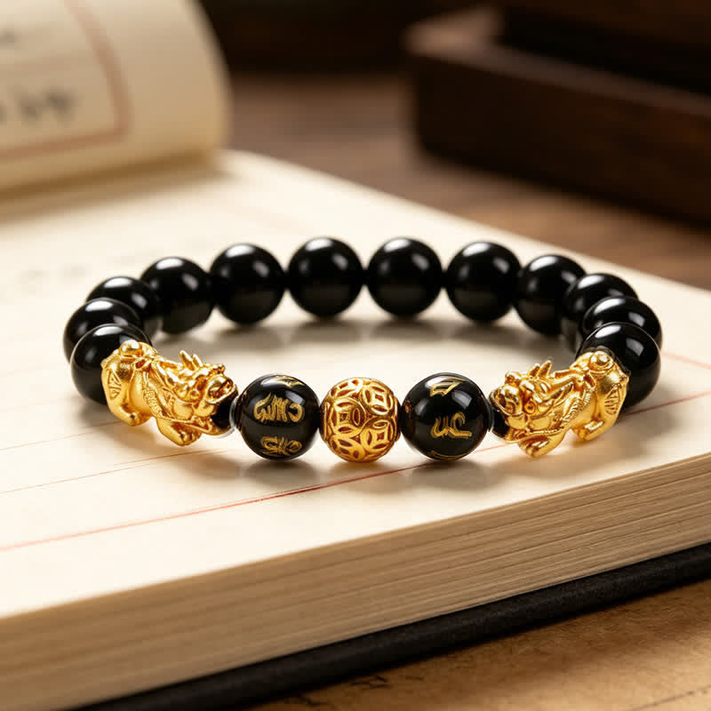 Buddha Stones Pulsera de sabiduría de cobre y obsidiana negra con doble Pi Xiu Om Mani Padme Hum - Dorado - image 0